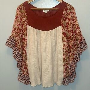 Umgee Floral Red and Cream Blouse